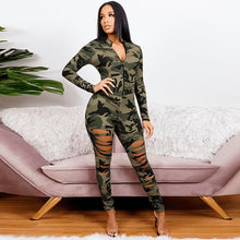 Load image into Gallery viewer, Camouflage Printed Long Sleeve Skinny Ripped Jumpsuit
