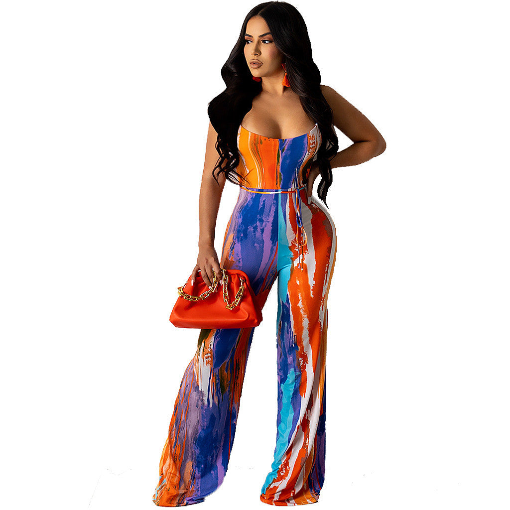 Print Halter Backless Bandage Straight Jumpsuit