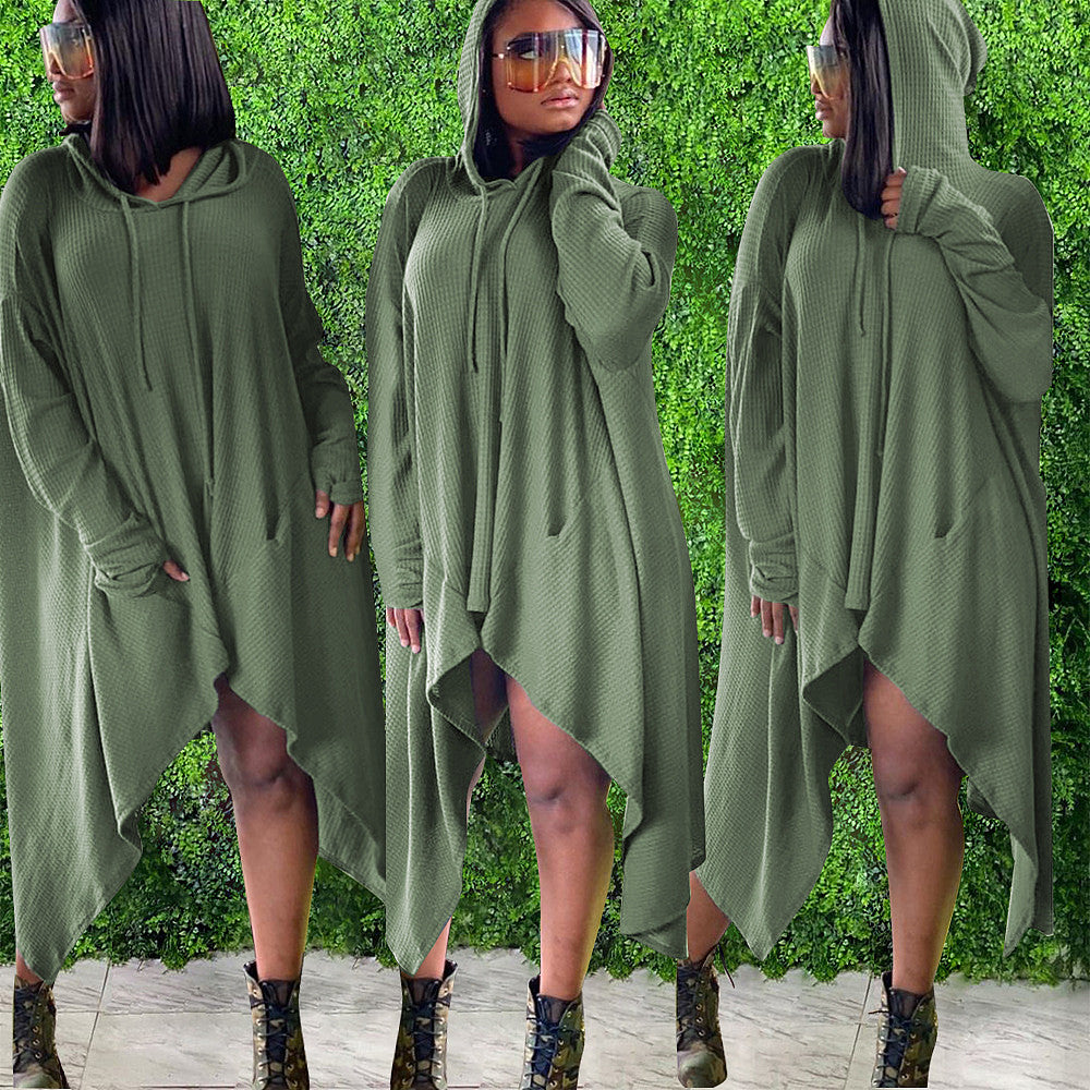 Solid Long Sleeve Loose Irregular Hoodies Midi Dress